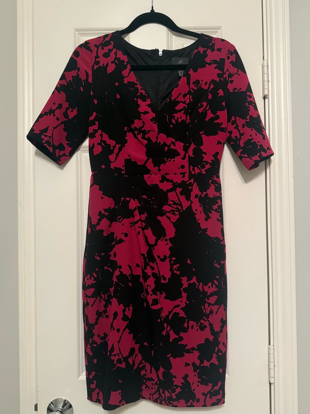 Adrianna Papell Black and Magenta Floral Midi Sheath Dress
